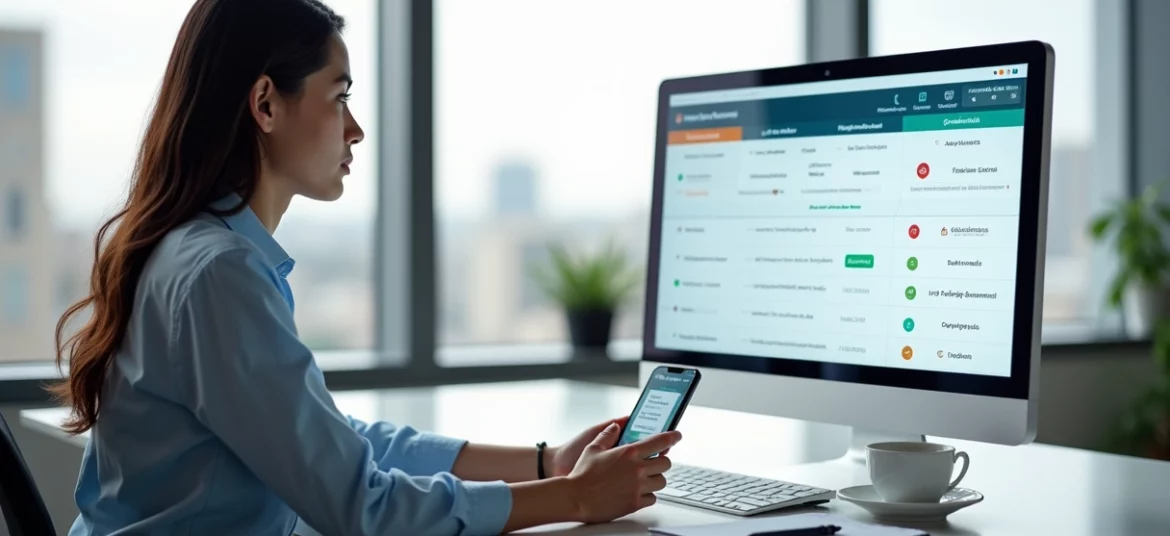 Empresária acompanhando o andamento do registro de marca no computador com tela exibindo linha do tempo de etapas do INPI