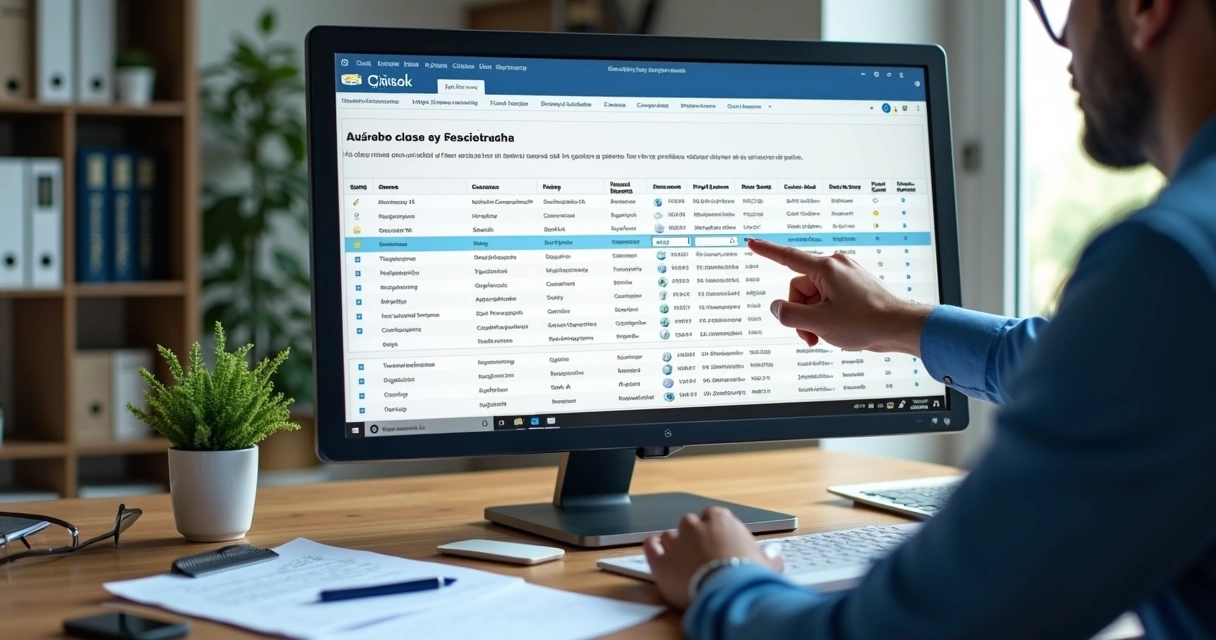 Empreendedor analisando classes de marcas em tela de computador com documentos e códigos do INPI