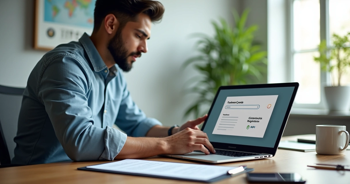 Empreendedor MEI revisando documentos de registro de marca em escritório moderno